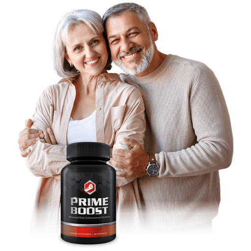 PrimeBoost™ dietary supplement bottle with adult couple, official PrimeBoost offer for men in the United States and Canada